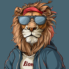 Vector illustration of a lion wearing sunglasses and a red bandana.