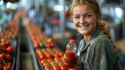 A woman is smiling and holding a bottle of sauce