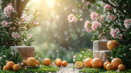 A beautiful scene of a garden with a wooden table and a few boxes of oranges