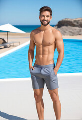Confident young Caucasian male model smiling by a luxury poolside, embodying summer vibes and travel leisure, perfect for holiday and fashion concepts