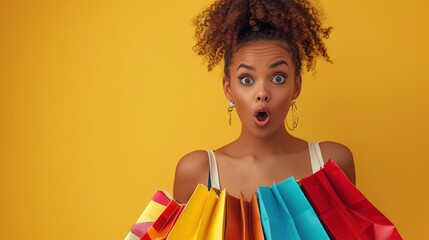 Stylish chic African American woman with colorful shopping bags in surprise sale concept isolated on yellow banner background. - obrazy, fototapety, plakaty