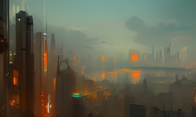 AI generated illustration of a cityscape in fog with skyscrapers and streetlights