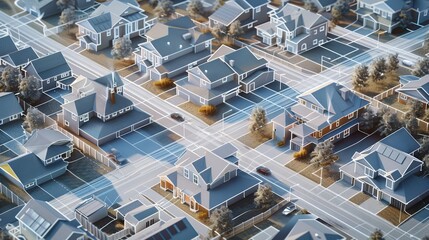 A network of smart homes in a suburban neighborhood, visualized with digital overlays to depict a connected, efficient smart city infrastructure. - obrazy, fototapety, plakaty