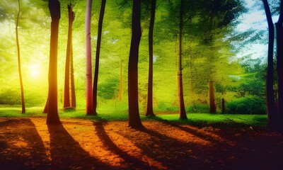 AI-generated illustration of sunset in the green, magical forest with bright light