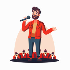 Male singer in a red jacket singing into the microphone. Flat vector illustration.