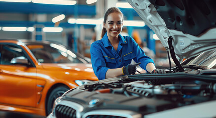 Female mechanic working on a car engine in a garage, smiling and wearing a blue uniform with safety glasses