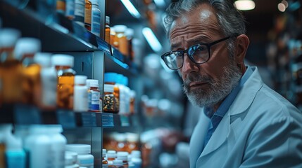 A pharmacy man in a lab coat is looking at a shelf full of medicine bottles. Concept of focus and concentration as the man examines the various medications - Powered by Adobe