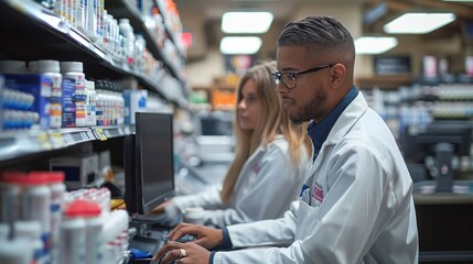 A man and a woman are working at a pharmacy
