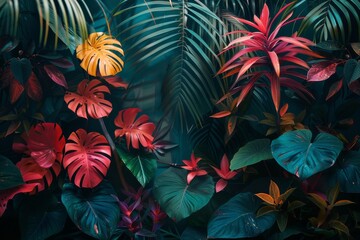 Fototapeta na wymiar Tropical background with painted tropical elements, embodying a minimal fashion summer concept.
