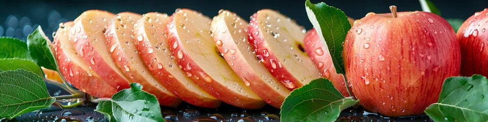 Fresh scliced red apple with green leaves and water drops. Close up view, panorama banner