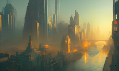 AI-generated illustration of a modern metropolis with skyscrapers and a river in smog at sunset - obrazy, fototapety, plakaty