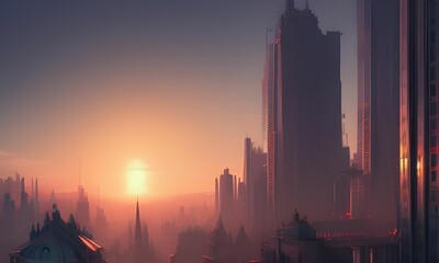AI-generated illustration of a futuristic city with many skyscrapers in a purple shade in the sunset - obrazy, fototapety, plakaty