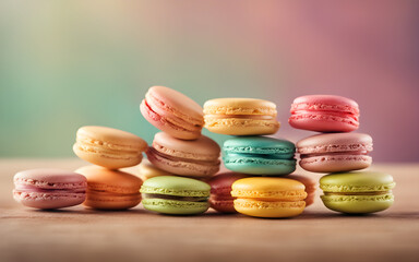 Fototapeta na wymiar Brightly colored macarons in a row against a pastel background, symbolizing sweetness and indulgence