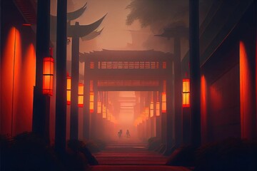 AI generated illustration of a Japanese shrine with glowing lamps at night - a religious concept - obrazy, fototapety, plakaty