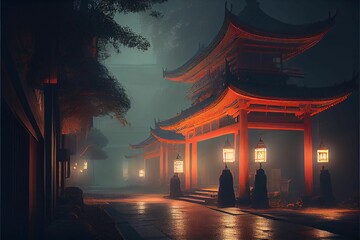 AI generated illustration of a Japanese shrine with glowing lamps at night - a religious concept - obrazy, fototapety, plakaty