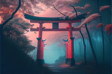AI generated illustration of a Japanese shrine in a spring landscape at night - a religious concept - obrazy, fototapety, plakaty