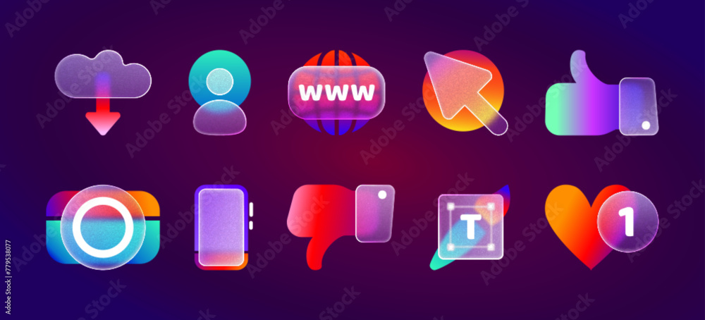 Poster realistic ui icons with blur neon gradient in glassmorphism style. transparent frosted 3d glass morp
