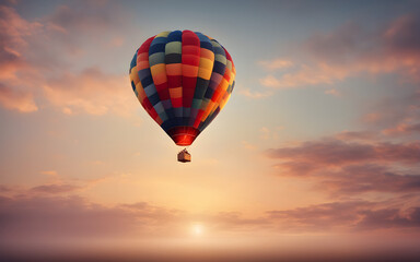 Fototapeta na wymiar Hot air balloon in the sky at dawn against a soft, pastel background, symbolizing freedom and adventure