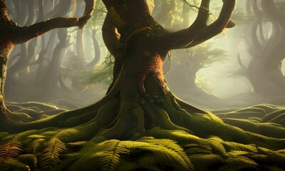 AI generated illustration of realistic huge tree in a forest with fog