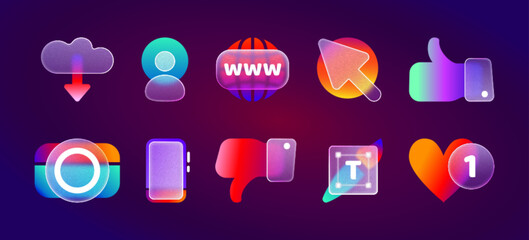 Realistic ui icons with blur neon gradient in glassmorphism style. Transparent frosted 3d glass morphism design icon set of user, camera, like, dislike, phone, heart, download for website, mobile app.