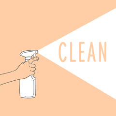 A man holds a bottle of cleaning spray in his hand. The disinfectant destroys germs. Poster on the theme of cleaning. - 779538230