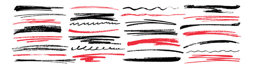 Doodle vector hand drawn scribble, strikethrough, charcoal wavy underline and crayon strokes. Black and red grunge pencil highlight lines, chalk squiggles and marker strip isolated on white background