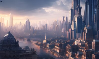 AI-generated illustration of a futuristic city with innovative design and high-rise buildings
