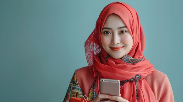 A woman wearing a red scarf and holding a cell phone , she is enjoying her shopping experience