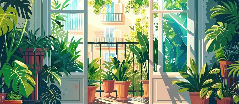 Aufkleber a balcony adorned with an array of plantfilled flowerpots overlooks a window, creating a vibrant and