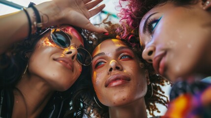 Obraz premium A low angle view of a group of friends experimenting with makeup AI generated illustration