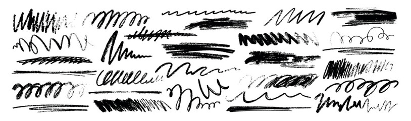 Vector hand drawn crayon doodle strokes, scribbles and charcoal wavy underline element set . Black grunge pencil squiggly lines, chalk pen strikethrough and marker strips isolated on white background.