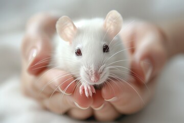 A white rat in hands.