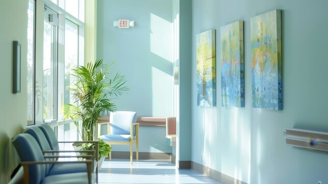 A tranquil image of a healthcare facility decorated with calming artwork  AI generated illustration