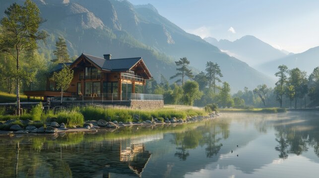 A tranquil image of a healthcare retreat in the mountains  AI generated illustration