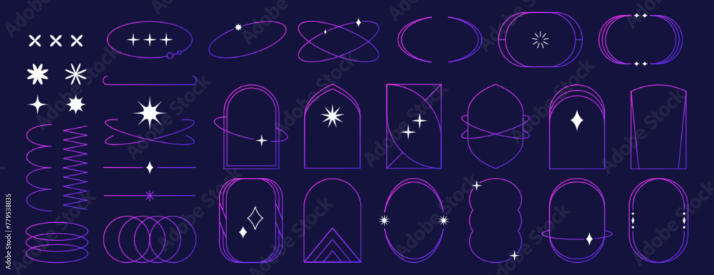 Poster set of aesthetic linear frames, trendy minimalist lines, arcs with sparkles and minimal decoration e