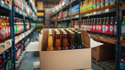 Cardboard boxes inside of craft beer. Aerial view. Behind the shelves are colorful craft beers.
