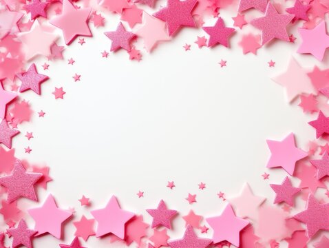 pink stars frame border with blank space in the middle on white background festive concept celebrations backdrop with copy space for text photo or presentation