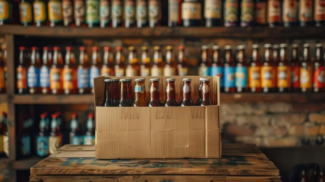 Cardboard boxes inside of craft beer. Aerial view. Behind the shelves are colorful craft beers.