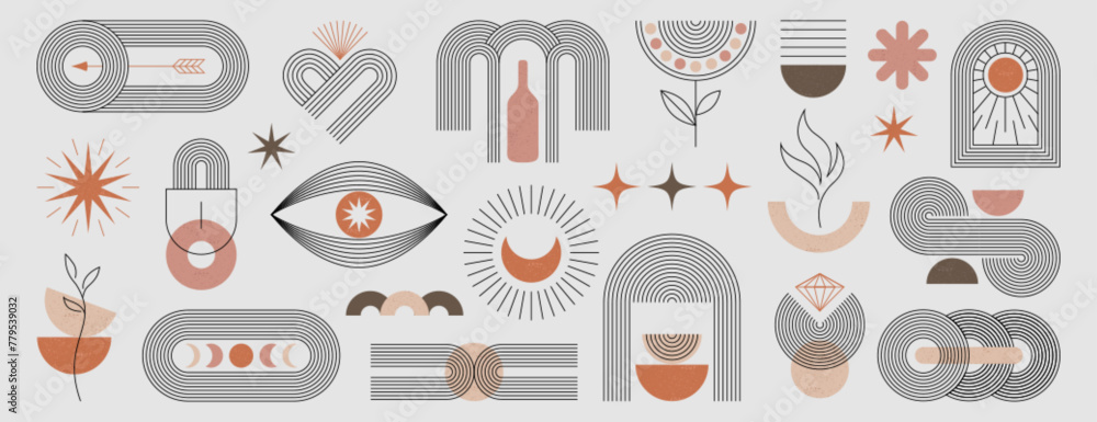 Poster set of boho abstract geometric shapes with line and strips. modern minimalist zen arch in neutral co