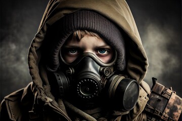 AI generated illustration of a soldier with gas mask after the apocalypse