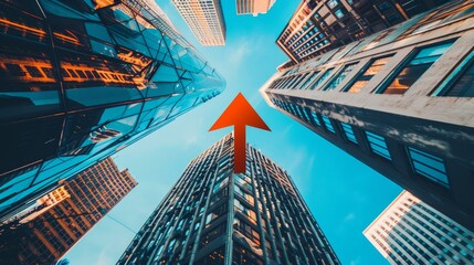 An arrow soaring upwards against a backdrop of skyscrapers symbolizes the trajectory of business growth in a thriving urban landscape  AI generated illustration - obrazy, fototapety, plakaty