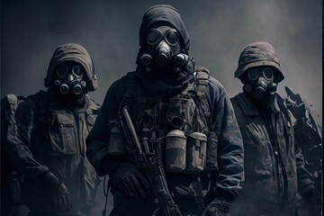 AI generated illustration of soldiers with gas masks and weapons after the apocalypse