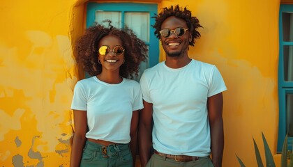 Smiling African man and woman wearing white t-shirts Dark green pants
