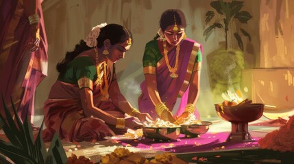 An artistic depiction of a traditional beauty ritual being performed  AI generated illustration
