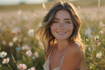A young woman sitting in a field of flowers, smiling at the camera