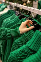 A womans hand reaches out to select a green sweater from a rack filled with various shades of green sweaters