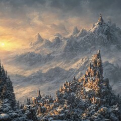 AI generated illustration of a snow-covered rugged cliffs, a perfect place for an ancient kingdom - obrazy, fototapety, plakaty