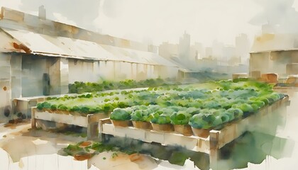 Watercolor painting of an urban rooftop garden with lush greenery, illustrating concepts of urban farming, sustainability, and World Environment Day
