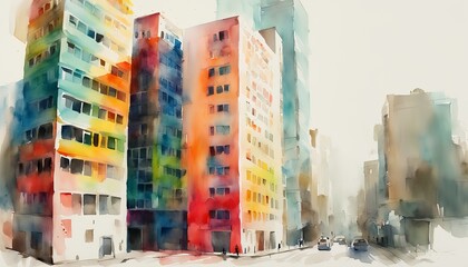 Colorful urban watercolor painting of city street with modern buildings, ideal for themes of diversity, city life, and contemporary art - obrazy, fototapety, plakaty