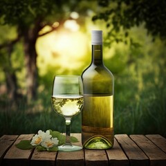 AI generated illustration of a white wine bottle and a glass set on a wooden table in a park